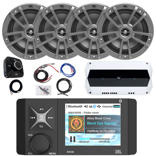 4" Color LCD Display Marine USB/AUX Bluetooth AM/FM/WB Stereo Receiver W/ Wired Remote & Cable, 4x 6.5" 180W Max 2-Way Multi-Element Boat Gray Speakers, 4-Channel Amplifier W/Kit