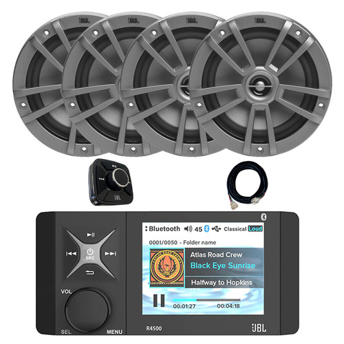 JBL R4500 Wake Series 4" Color LCD Display Marine Bluetooth USB/AUX WB AM/FM Radio Stereo Receiver, Wired Remote, 20 Foot Extension Cable, 4x 6.5" 180W Max Power 2-Way Multi-Element Boat Gray Speakers