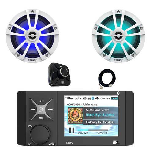 4" Color LCD Display Marine USB/AUX Bluetooth AM/FM/WB Stereo Receiver W/ Wired Remote & 20-Foot Extension Cable, 2x 6.5" 225W Peak Power Waterproof Coaxial RGB LED Boat White Speakers