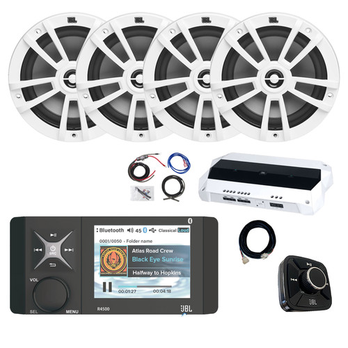 JBL R4500 Marine Bluetooth AM/FM/WeatherBand Digital Media Receiver w/Wired Remote, Extension Cable, 4-Channel Amplifier w/Install Kit, 4x 6.5" 180 Watt Max 2-Way Boat Audio Speakers (White)