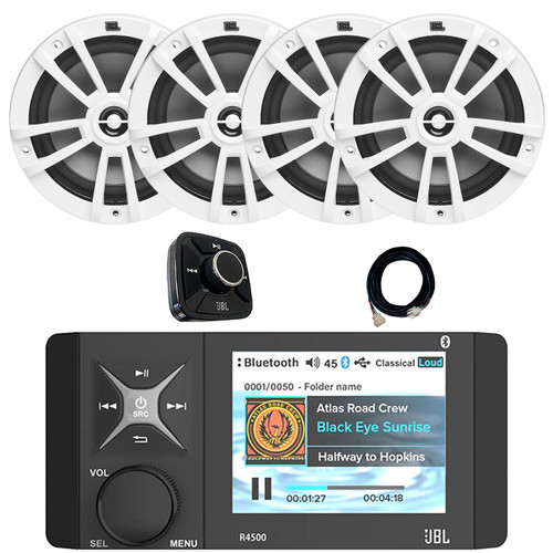 4" Color LCD Display Marine USB/AUX Bluetooth AM/FM/WB Stereo Receiver W/ Wired Remote & 20-Foot Extension Cable, 4x 6.5" 180W Peak Power 2-Way Multi-Element Boat White Speakers