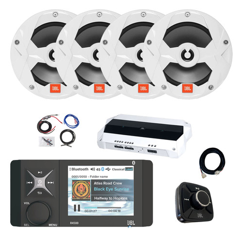 JBL R4500 Marine Bluetooth AM/FM/WeatherBand Digital Media Receiver w/Remote, Extension Cable, Amplifier w/Kit, 4x 6.5" 225 Watt Max 2-Way Boat Audio Speakers (White)