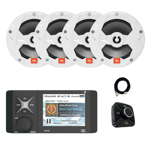 JBL R4500 Marine Bluetooth AM/FM/WeatherBand Digital Media Receiver w/Wired Remote, 20 ft Extension Cable, 4x 6.5" 225 Watt Max 2-Way Boat Audio Speakers (White)