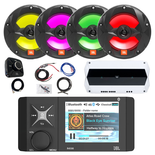 4" Color LCD Display Marine USB/AUX Bluetooth AM/FM/WB Stereo Receiver W/ Wired Remote & Cable, 4x 6.5" 225W Max 2-Way High-Performance Boat Black Speakers, 4-Channel Amplifier W/Kit