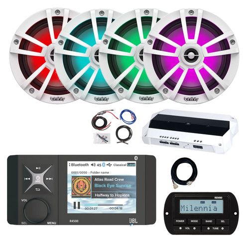 JBL R4500 Marine Bluetooth AM/FM/WeatherBand Digital Media Receiver w/Wired Remote, Extension Cable, 4-Channel Amplifier w/Kit, 4x 6.5" 225W Multicolor LED Boat Speakers (White, Bulk Packaging)