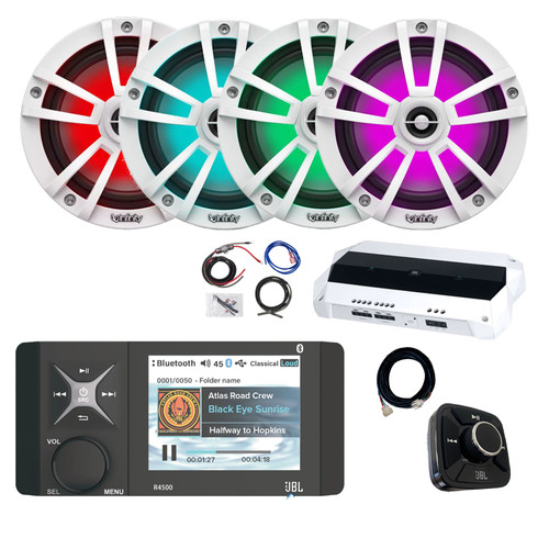 JBL R4500 Marine Bluetooth AM/FM/WeatherBand Digital Media Receiver w/Wired Remote, Extension Cable, 4-Channel Amplifier w/Kit, 4x 6.5" 225W Multicolor LED Boat Speakers (White, Bulk Packaging)
