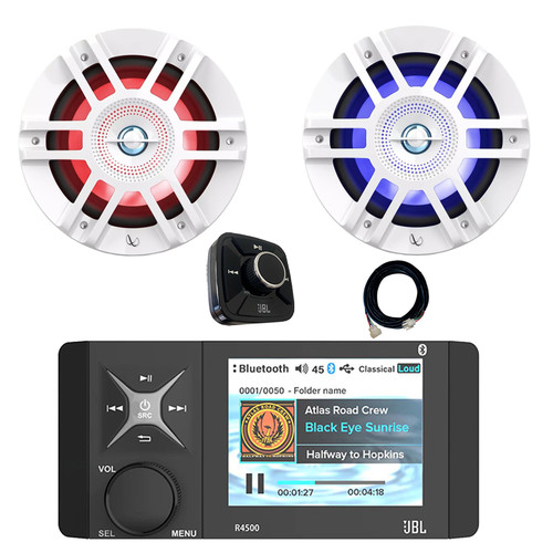 JBL R4500 Wake Series 4" Color LCD Display Marine Bluetooth USB/AUX WB AM/FM Radio Stereo Receiver, Wired Remote, 20 Foot Extension Cable, 2x 6.5" 300W Max Power 2-Way Coaxial White RGB LED Speakers