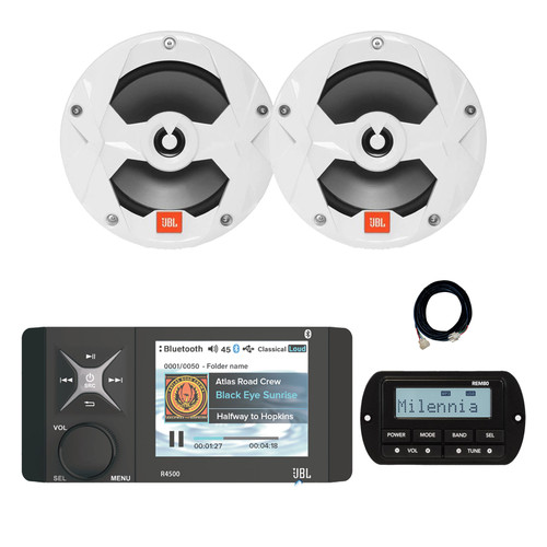 JBL R4500 Marine Bluetooth AM/FM/WeatherBand Digital Media Receiver w/Wired Remote, 20 ft Extension Cable, 2x 6.5" 225 Watt Max 2-Way Boat Audio Speakers (White)