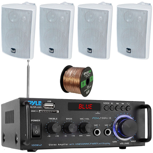Pyle PDA29BU.6 Bluetooth USB/SD/FM Compact Power Stereo Home Audio Amplifier Receiver, 4x Dual Electronics LU47PW 4" 200W Max Power 3-Way Indoor/Outdoor White Speakers, 50 Feet 16 Gauge Speaker Wire