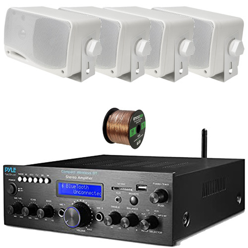 Pyle PDA612BU.5 Digital LCD Display AUX/MP3/USB/SD Bluetooth FM Radio Compact Home Audio Stereo Amplifier Receiver, 4x 3.5'' 200W Max Power 3-Way Mini Box Speakers, 50 Feet 16 Gauge Speaker Wire