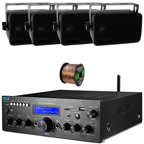 Pyle PDA612BU.5 Digital LCD Display AUX/MP3/USB/SD Bluetooth FM Radio Compact Home Audio Stereo Amplifier Receiver, 4x 3.5'' 200W Max Power 3-Way Indoor/Outdoor Speakers, 50 Feet 16 Gauge Speaker Wire