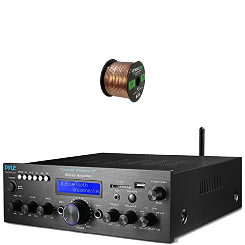 Pyle PDA612BU.5 Digital LCD Display AUX/MP3/USB/SD Bluetooth FM Radio Compact Home Audio Stereo Amplifier Receiver Bundle Combo 50 Feet 16 Gauge Speaker Wire