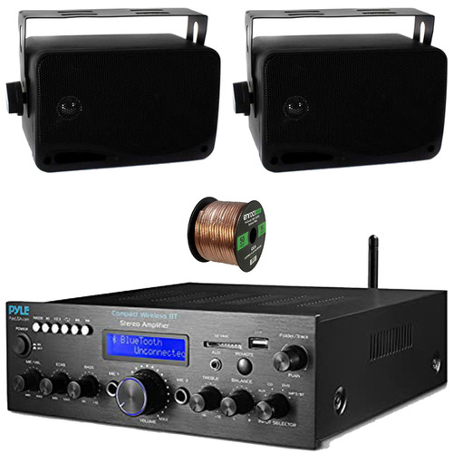 Pyle PDA612BU.5 Digital LCD Display AUX/MP3/USB/SD Bluetooth FM Radio Compact Home Audio Stereo Amplifier Receiver, 2x 3.5'' 200W Max Power 3-Way Indoor/Outdoor Speakers, 50 Feet 16 Gauge Speaker Wire