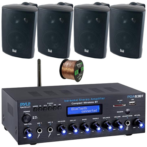Pyle PDA63BT Wireless Bluetooth USB/SD/AUX FM Radio Home Audio Amplifier Receiver, 4x Dual Electronics LU47PB 4" 200W Max Power 3-Way Indoor/Outdoor Black Speakers, 50 Feet 16 Gauge Speaker Wire