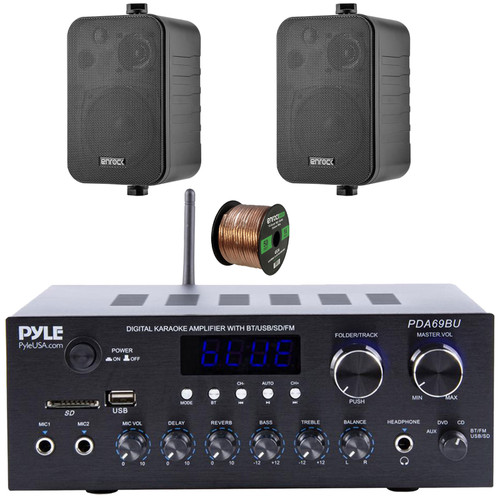 Pyle PDA69BU Bluetooth AUX/USB MP3/SD FM Radio Home Audio Sound System Stereo Amplifier Receiver, 2x Enrock 4" 30W Max Power 3-Way Indoor/Outdoor Black Speakers, 50 Feet 16 Gauge Speaker Wire