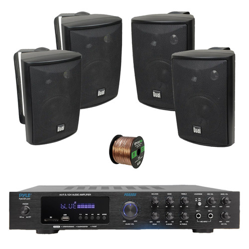 Pyle PDA8BU 5.1 Channel Home Audio Theater Bluetooth MP3/USB/SD/AUX/FM Radio Receiver, 4x 4" 200 Watt Max 3-Way Indoor/Outdoor Wall Mount Audio Speakers (Black), 50 ft 16 Gauge Speaker Wire