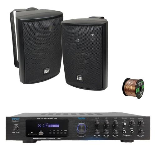 Pyle PDA8BU 5.1 Channel Home Audio Theater Bluetooth MP3/USB/SD/AUX/FM Radio Receiver, 2x 4" 200 Watt Max 3-Way Indoor/Outdoor Wall Mount Audio Speakers (Black), 50 ft 16 Gauge Speaker Wire