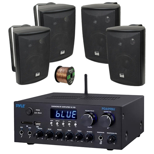 Pyle PDA99BU 2-Channel Home Bluetooth HiFI Audio HDMI/MP3/USB/SD/AUX FM Radio Receiver, 4x 4" 200 Watt Max 3-Way Indoor/Outdoor Wall Mount Audio Speakers (Black), 50 ft 16 Gauge Speaker Wire
