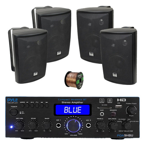 Pyle PDA9HBU 2-Channel Home Theater Bluetooth HiFI Audio Optical/HDMI/USB/SD FM Radio Receiver, 4x 4" 200 Watt Max 3-Way Indoor/Outdoor Wall Mount Audio Speakers (Black), 50 ft 16 Gauge Speaker Wire