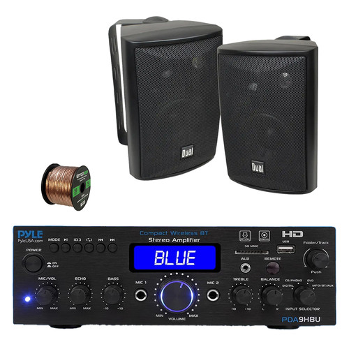 Pyle PDA9HBU 2-Channel Home Theater Bluetooth HiFI Audio Optical/HDMI/USB/SD FM Radio Receiver, 2x 4" 200 Watt Max 3-Way Indoor/Outdoor Wall Mount Audio Speakers (Black), 50 ft 16 Gauge Speaker Wire