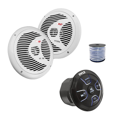Pyle PLMRBT20 Marine 4-Channel Amplified Wireless Bluetooth Audio Controller, 2x 8'' 180 Watt Waterproof Marine Full Range Stereo Speakers (White) w/Wire for Car, Truck, Boat, PowerSport Vehicles