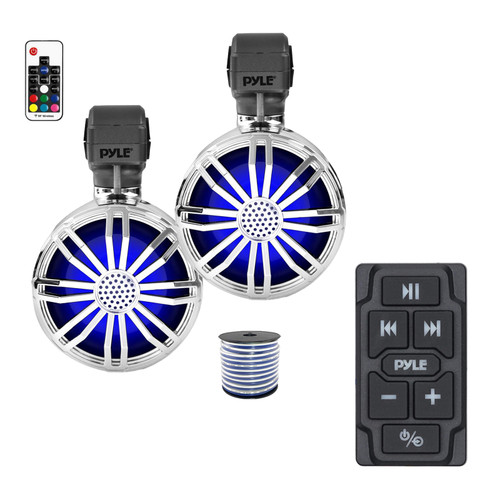 Pyle PLMRBTRK1 Marine Wireless Bluetooth Audio Controller, 2x 3.5’’ 20 Watt Max Bluetooth Wireless LED Lighting Full Range Stereo Waterproof Rated Off-Road Speakers with Remote Control (Chrome) w/Wire