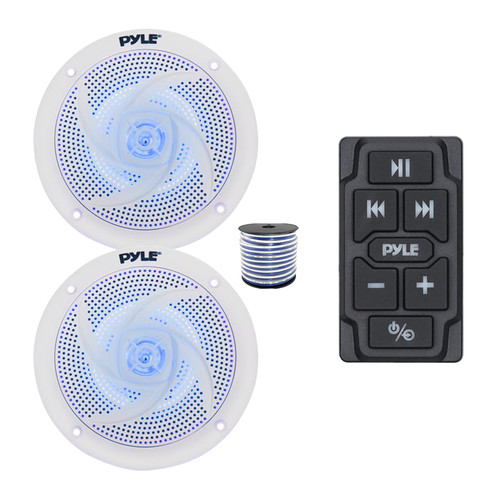Pyle PLMRBTRK1 Marine Wireless Bluetooth Audio Controller, 2x 4" 100 Watt Max 2-Way Marine Low Profile Blue Flashing LED Boat Audio Speakers (White) w/Wire for Car, Truck, Boat, PowerSport Vehicles