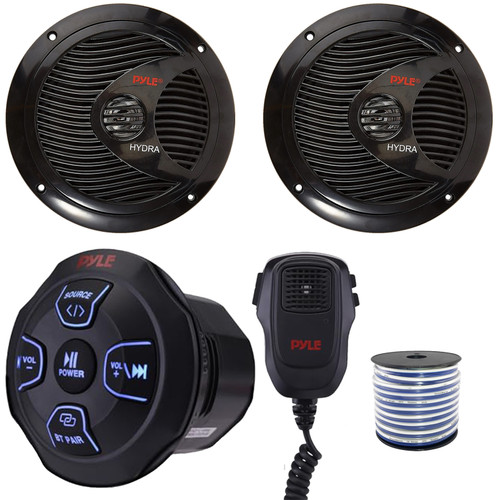 Pyle PLMRBT18MIC 2-Channel Marine Bluetooth Wireless Receiver W/Handheld Microphone, 2x 6.5" 150W Max Power Full Range Dual Cone Waterproof Black Boat Stereo Speakers, 50 Feet 18 Gauge Speaker Wire