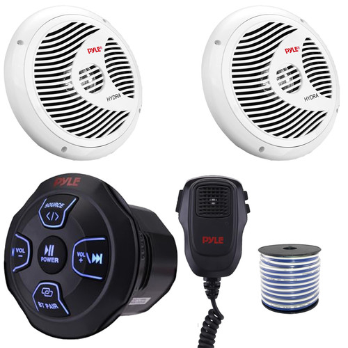 Pyle PLMRBT18MIC Marine Bluetooth AUX Audio Receiver W/2-Channel Wireless BT Receiver & Handheld Broadcasting Microphone, 8" 180W Max Power Full Range White Speakers (1 Pair) W/50 Feet 18 Gauge Wire