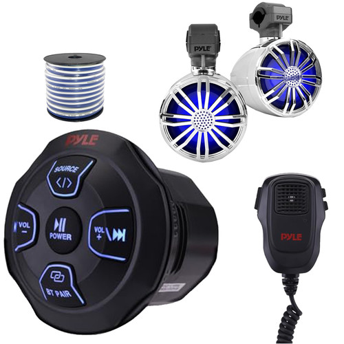 Pyle PLMRBT18MIC Marine Bluetooth AUX Audio Receiver W/2-Channel Wireless BT Receiver & Handheld Broadcasting Microphone, 3.5’’ 20W Max Power Off-Road LED Chrome Speakers (1 Pair) W/50 Feet 18G Wire