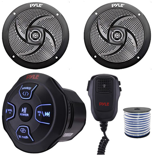 Pyle PLMRBT18MIC 2-Channel Marine Bluetooth Wireless Receiver W/Handheld Microphone, 2x 5.25" 180W Max Power 2-Way Waterproof Low Profile Slim Style Black Boat Speakers, 50 Feet 18 Gauge Speaker Wire