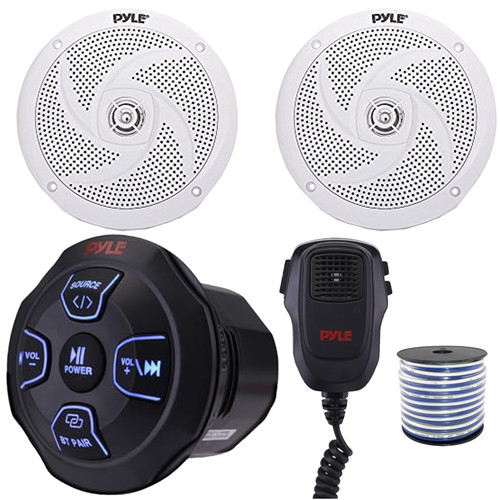 Pyle PLMRBT18MIC 2-Channel Marine Bluetooth Wireless Receiver W/Handheld Microphone, 2x Pyle PLMRS6W 6'' 240 Watt Max Power Low Profile 2-Way White Boat Speakers, 50 Feet 18 Gauge Speaker Wire