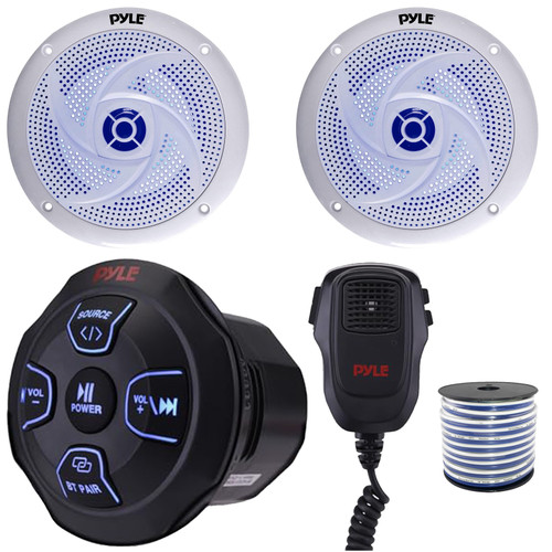 Pyle PLMRBT18MIC 2-Channel Marine Bluetooth Wireless Receiver W/Handheld Microphone, 2x Pyle PLMRS83WL 8'' 320W Max Power Low Profile 2-Way Blue LED White Boat Speakers, 50 Feet 18 Gauge Speaker Wire