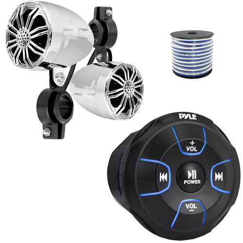 Pyle PLMRBT18 2-Channel Marine Bluetooth Wireless Audio Controller, 2x Pyle PLMR22CR 2.25’' 10 Watt Max Power Waterproof Full Range Off-Road Chrome Boat Speakers, 50 Feet 18 Gauge Speaker Wire