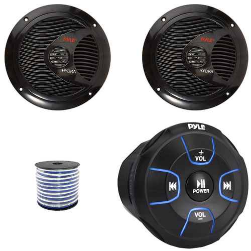 Pyle PLMRBT18 2-Channel Marine Bluetooth Wireless Audio Controller, 2x Pyle PLMR60B 6.5" 150 Watt Max Power Full Range Dual Cone Waterproof Black Boat Stereo Speakers, 50 Feet 18 Gauge Speaker Wire