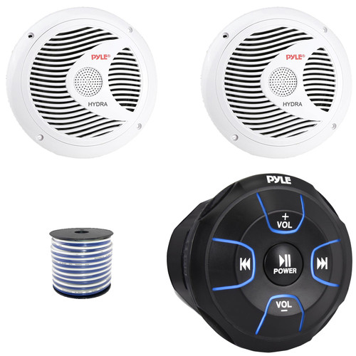 Pyle PLMRBT18 2-Channel Marine Bluetooth Wireless Audio Controller, 2x Pyle PLMR60W 6.5" 150 Watt Max Power Full Range Dual Cone Waterproof White Boat Stereo Speakers, 50 Feet 18 Gauge Speaker Wire