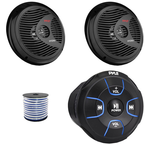 Pyle PLMRBT18 2-Channel Marine Bluetooth Wireless Audio Controller, 2x Pyle PLMR80B 8'' 180 Watt Max Power Waterproof Full Range Black Boat Stereo Speakers, 50 Feet 18 Gauge Speaker Wire