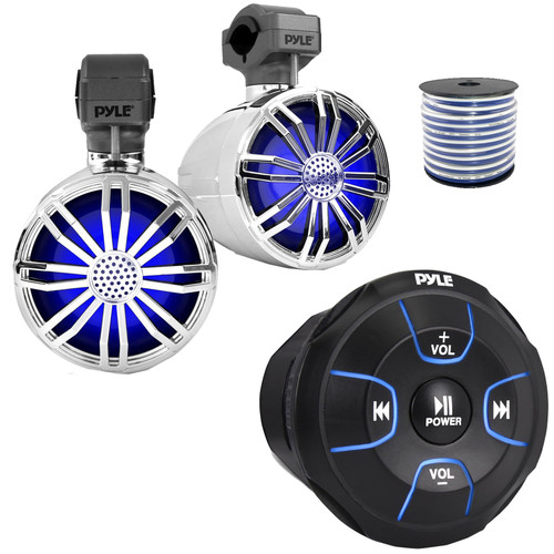 Pyle PLMRBT18 Bluetooth Audio Amplified Marine Waterproof Controller, Pyle PLMRBT33CR 3.5’’ 20 Watts Max Power Full Range LED Off-Road Chrome Boat Speakers (1 Pair), 50 Feet 18 Gauge Speaker Wire