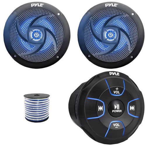 Pyle PLMRBT18 2-Channel Marine Bluetooth Wireless Audio Controller, 2x Pyle PLMRS43BL 4" 100 Watt Max Power 2-Way Low Profile Blue LED Black Boat Audio Speakers, 50 Feet 18 Gauge Speaker Wire