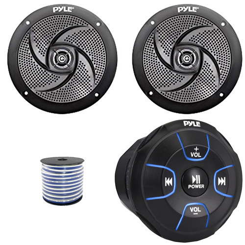 Pyle PLMRBT18 2-Channel Marine Bluetooth Wireless Audio Controller, 2x Pyle PLMRS4B 4" 100 Watt Max Power Low Profile 2-Way Waterproof Black Boat Outdoor Speakers, 50 Feet 18 Gauge Speaker Wire