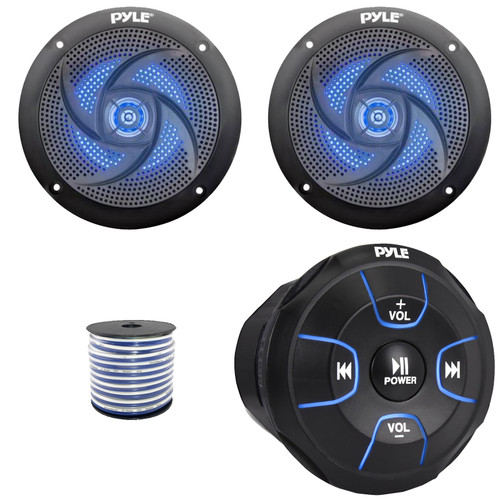 Pyle PLMRBT18 2-Channel Marine Bluetooth Wireless Audio Controller, 2x 5.25" 180 Watt Max Power 2-Way Waterproof Low Profile Slim Style Blue LED Black Boat Speakers, 50 Feet 18 Gauge Speaker Wire
