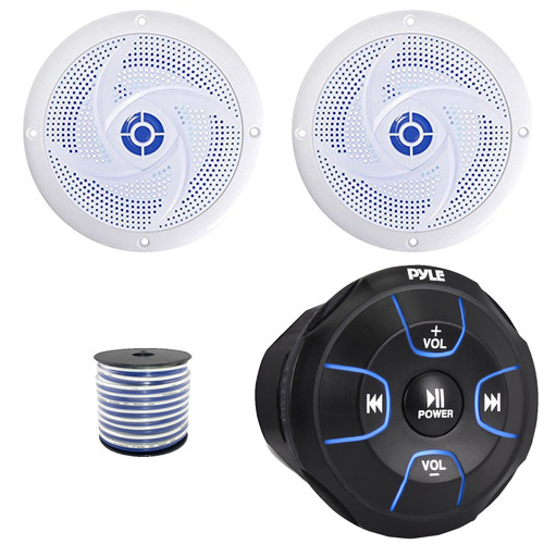 Pyle PLMRBT18 2-Channel Marine Bluetooth Wireless Audio Controller, 2x 5.25" 180 Watt Max Power 2-Way Waterproof Low Profile Slim Style Blue LED White Boat Speakers, 50 Feet 18 Gauge Speaker Wire