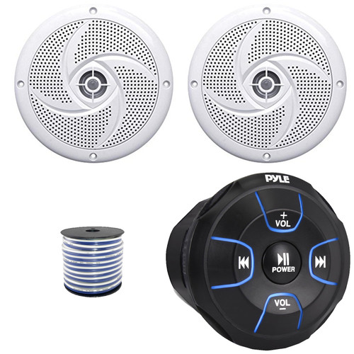 Pyle PLMRBT18 2-Channel Marine Bluetooth Wireless Audio Controller, 2x Pyle PLMRS5W 5.25" 180 Watt Max Power 2-Way Waterproof Low Profile Slim Style White Boat Speakers, 50 Feet 18 Gauge Speaker Wire