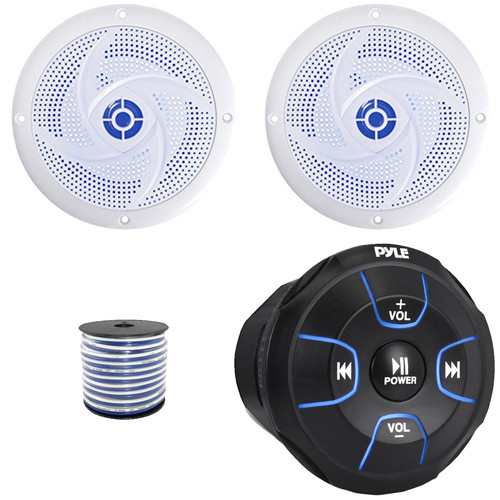 Pyle PLMRBT18 2-Channel Marine Bluetooth Wireless Audio Controller, 2x Pyle PLMRS63WL 6'' 240 Watt Max Power Low Profile 2-Way Blue LED White Boat Speakers, 50 Feet 18 Gauge Speaker Wire