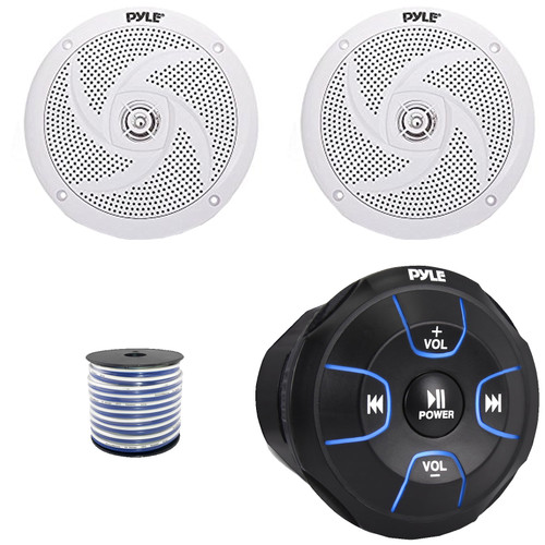 Pyle PLMRBT18 2-Channel Marine Bluetooth Wireless Audio Controller, 2x Pyle PLMRS6W 6'' 240 Watt Max Power Low Profile 2-Way White Boat Speakers, 50 Feet 18 Gauge Speaker Wire