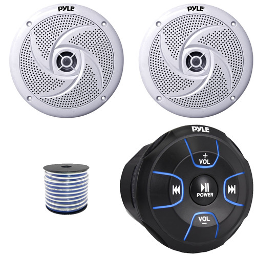Pyle PLMRBT18 2-Channel Marine Bluetooth Wireless Audio Controller, 2x Pyle PLMRS8W 8'' 320 Watt Max Power Low Profile 2-Way White Boat Speakers, 50 Feet 18 Gauge Speaker Wire