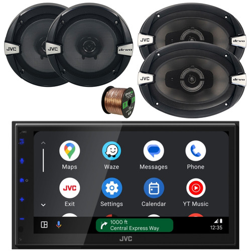 JVC KW-M690BW 6.8" Touchscreen WiFi Bluetooth USB/MP3 Stereo Multimedia Digital Receiver, 2x 6.5" 300 Watt Max 2-Way Car Speakers, 2x 6x9" 500 Watt Max 3-Way Audio Speakers w/Wire