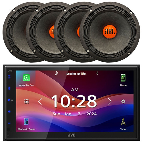 JVC KW-M690BW 6.8" Capacitive Monitor Single-DIN Bluetooth USB/MP3 Digital Media Shallow Chassis Multimedia Receiver, 4x JBL SHOCKWAVE150W65 6.5" 300W Max Power Midrange Woofer Car Audio Speakers