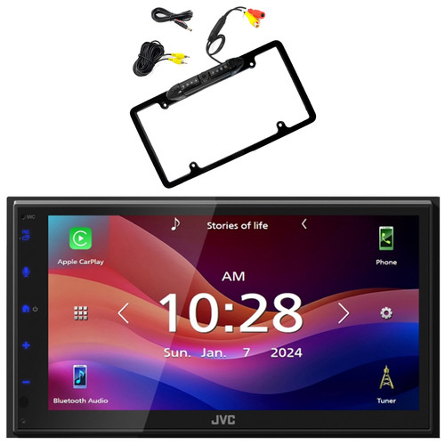 JVC KW-M690BW 6.8" Capacitive Monitor Single-DIN Bluetooth USB/MP3 Player Digital Media Shallow Chassis Multimedia Receiver, License Plate Frame Rear View Backup Camera w/Distance Scale Lines