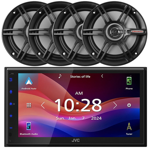 JVC KW-M695BW 6.8" WSVGA LCD Display Single-DIN Bluetooth USB/MP3 Digital Media Shallow Chassis Multimedia SiriusXM Ready Receiver, 4x Crunch 6.5" 300W Max Power Shallow Mount 2-Way Car Audio Speakers